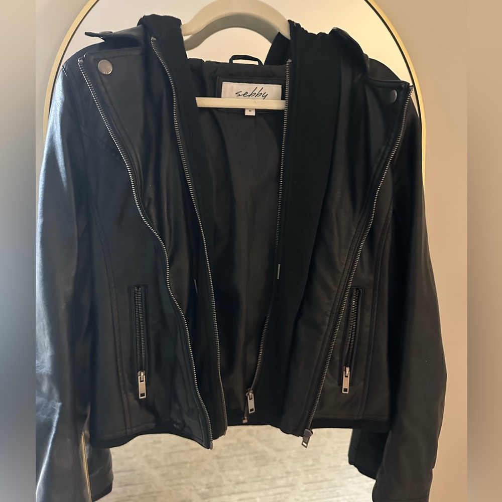Faux Black Leather Jacket Hood. Size Medium.